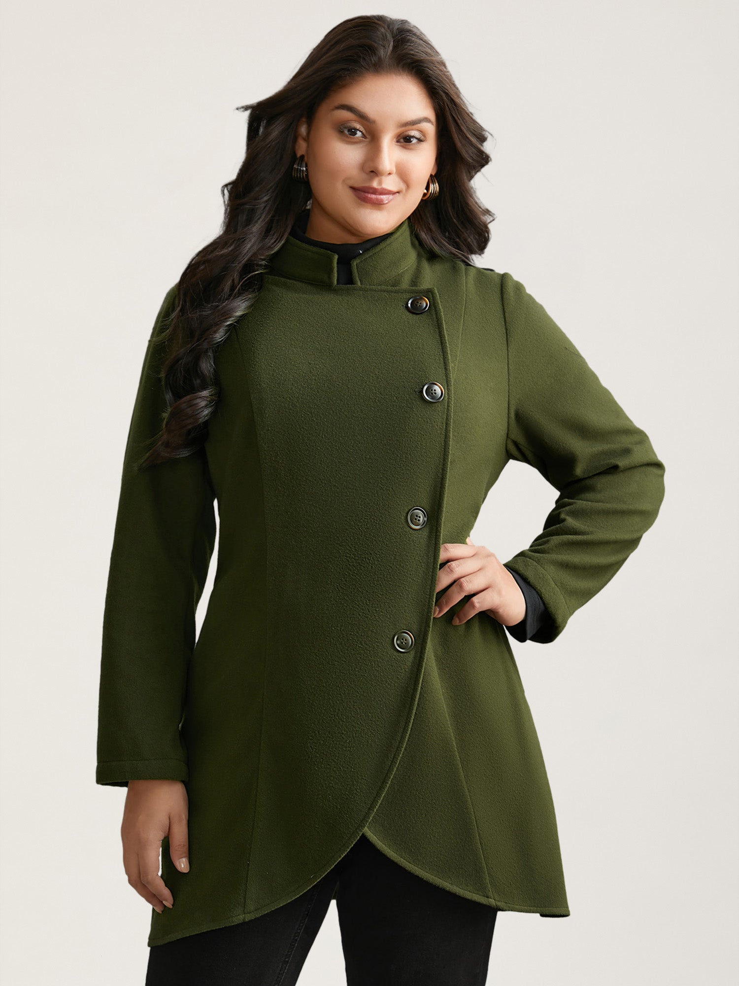 Solid Wrap Button Up Asymmetrical Hem Coat