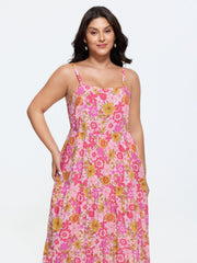 Floral Print Adjustable Backless Drawstring Maxi Dress