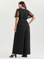 Textured Sheer Sleeve Stretchy Waist Tie Jumpsuit