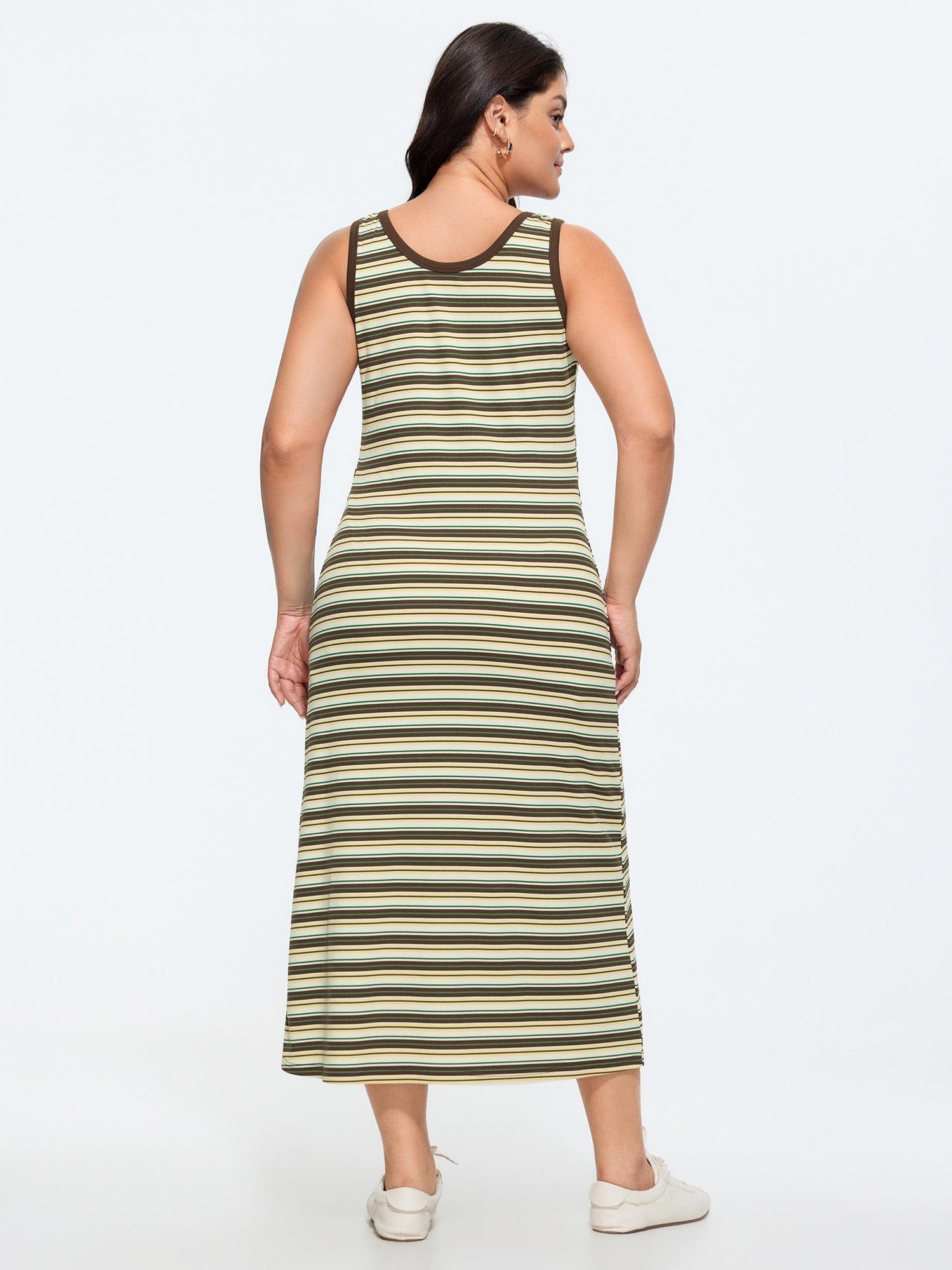 Striped Print Ribbed Scoop Neck Midi Dress