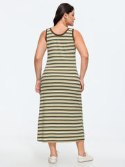Striped Print Ribbed Scoop Neck Midi Dress
