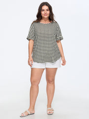Gingham Print Ruffled Detail Arc Hem Blouse