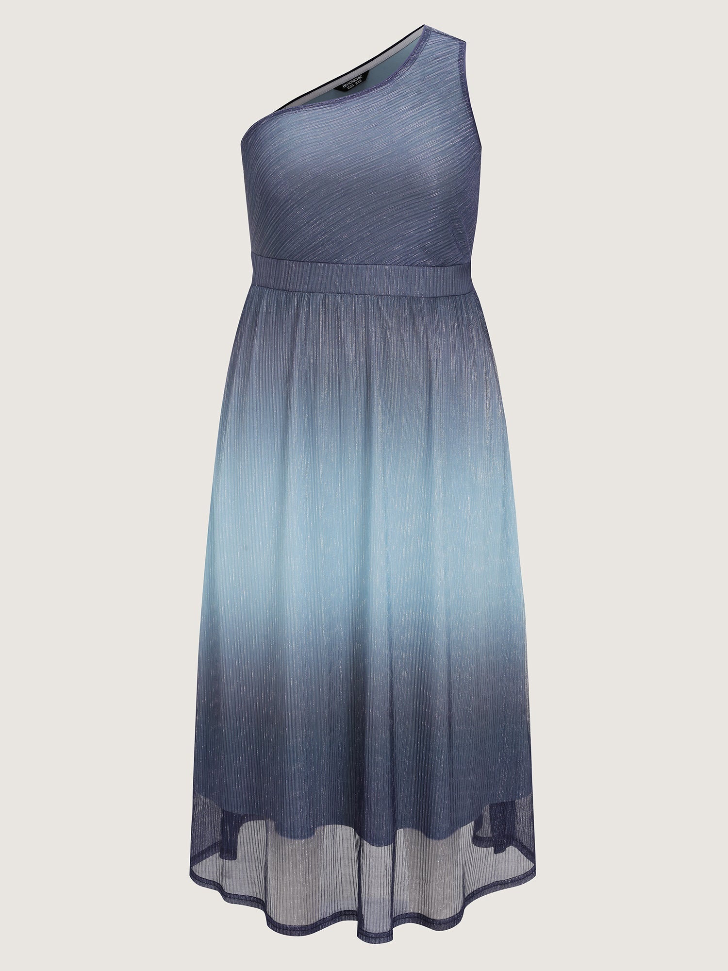 One-Shoulder Ombre Shimmer Mesh Midi Dress