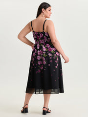 Sweet Floral Print Shirred Cami Midi Dress
