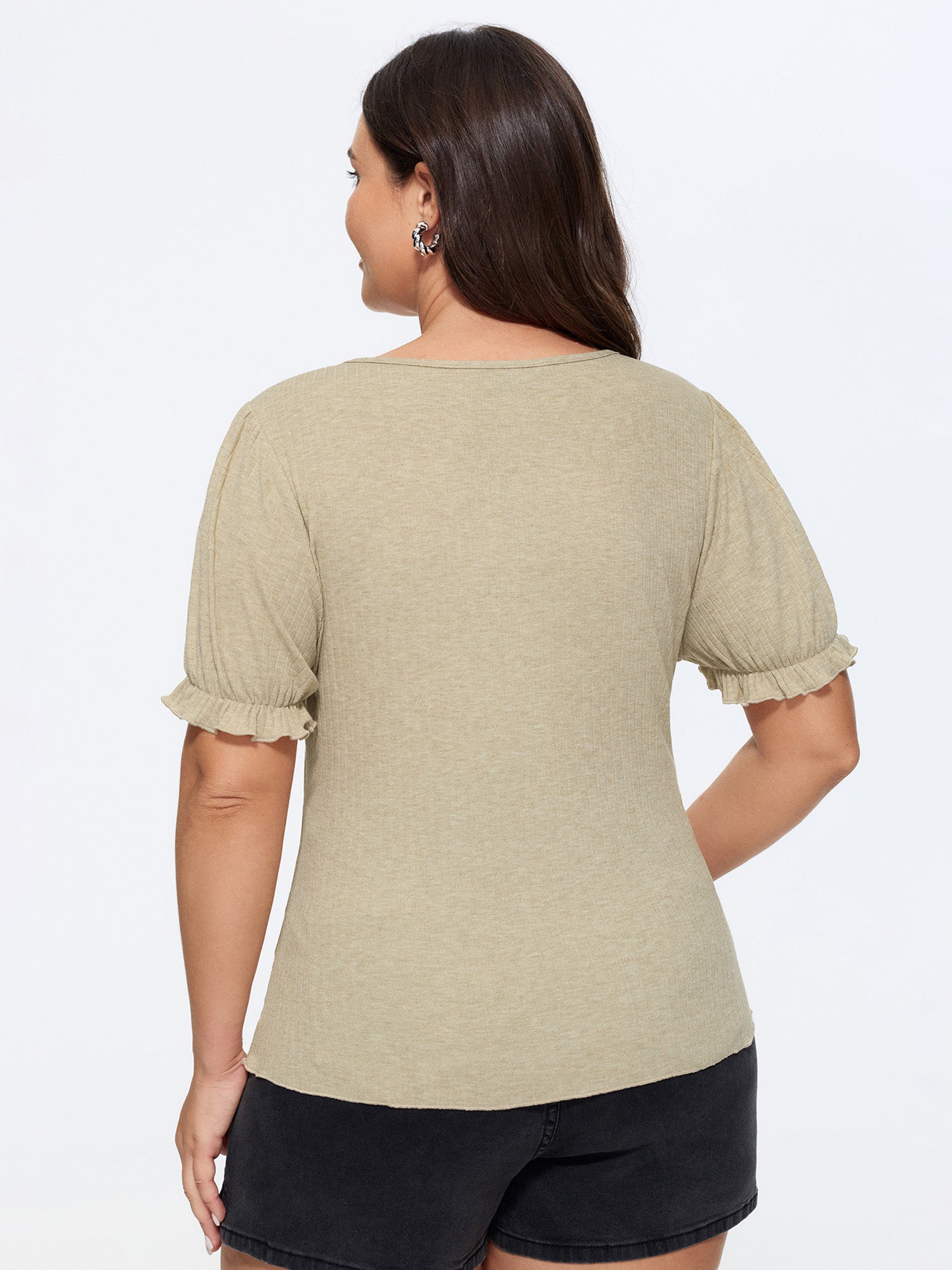 Stretchy Ribbed Ruched Plain T-Shirt