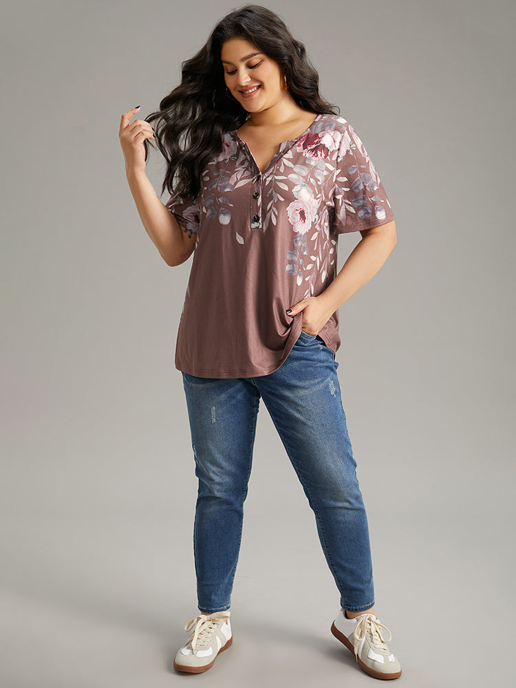 Floral Print Notched Button Up T-shirt