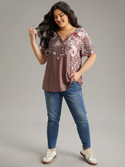 Floral Print Notched Button Up T-shirt