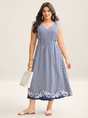 Stripes Cinched-Waist Floral Hem Midi Dress