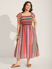Colorful Stripe Flutter Sleeve Pockets Midi Dress