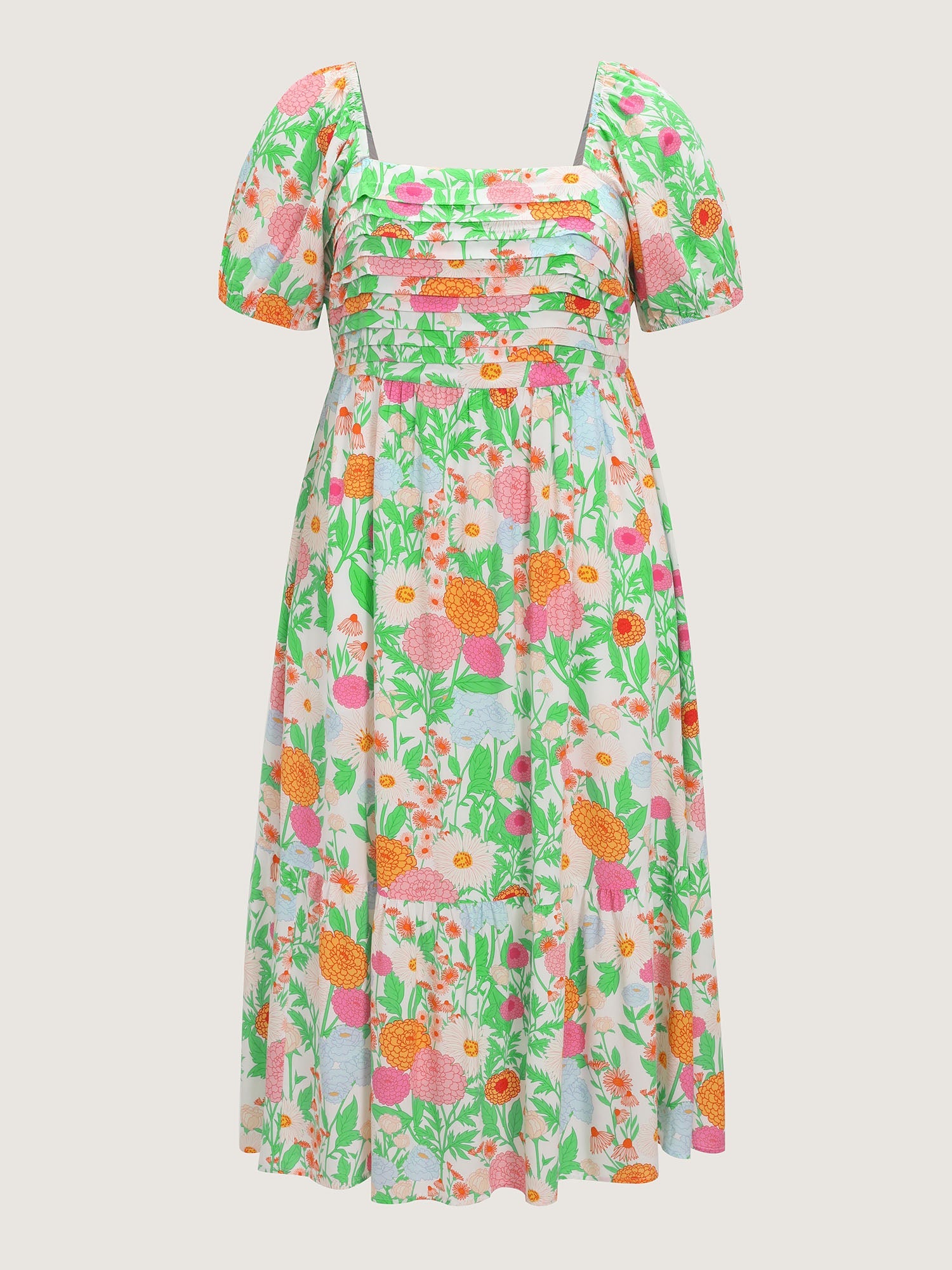 Floral Print Pleated Square Neckline Midi Dress