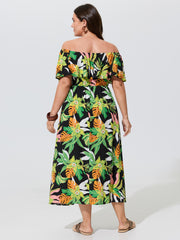 Tropical Print Cold-Shoulder Maxi Dress