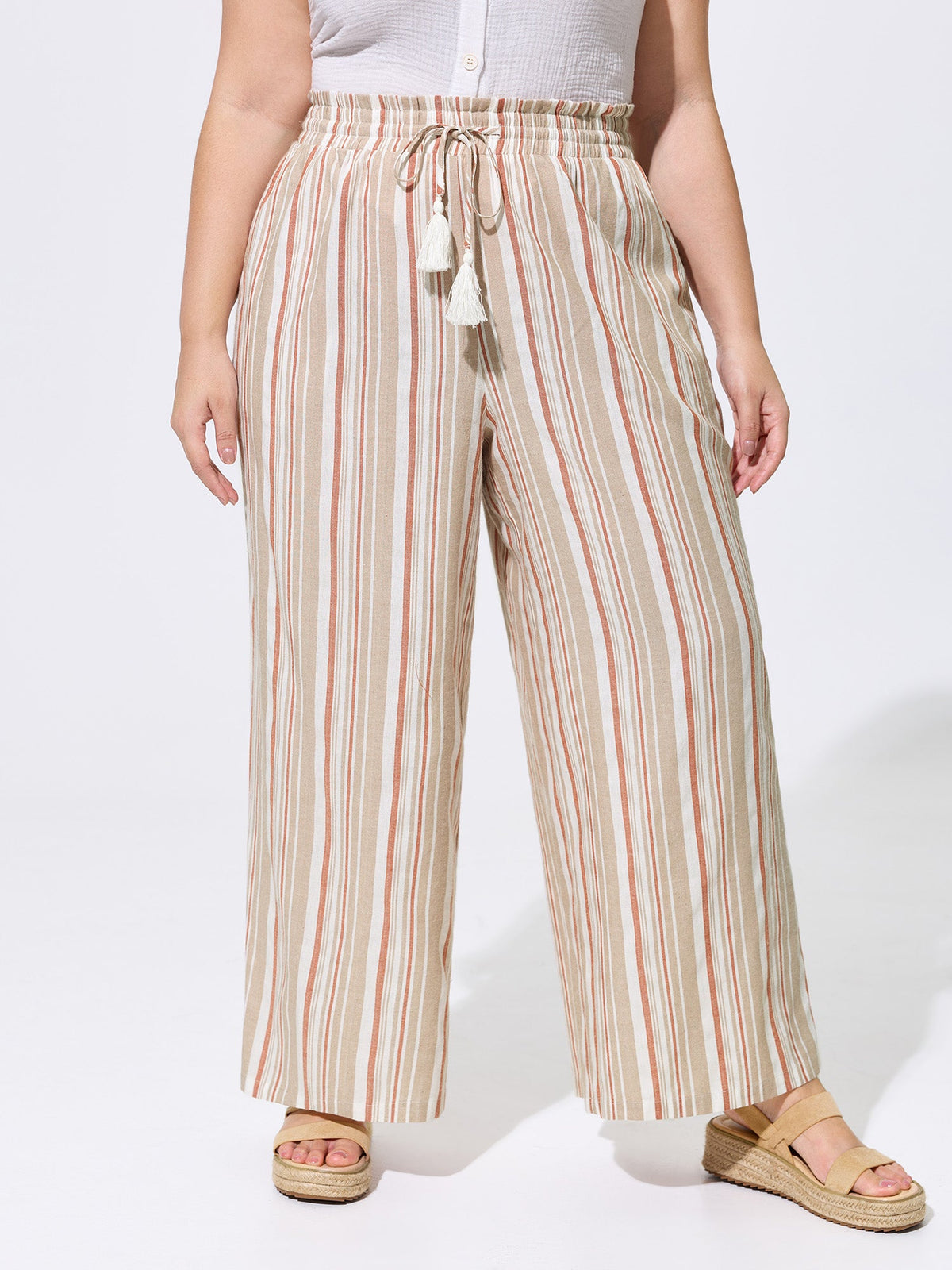 Striped Print Pockets Drawstring Pants