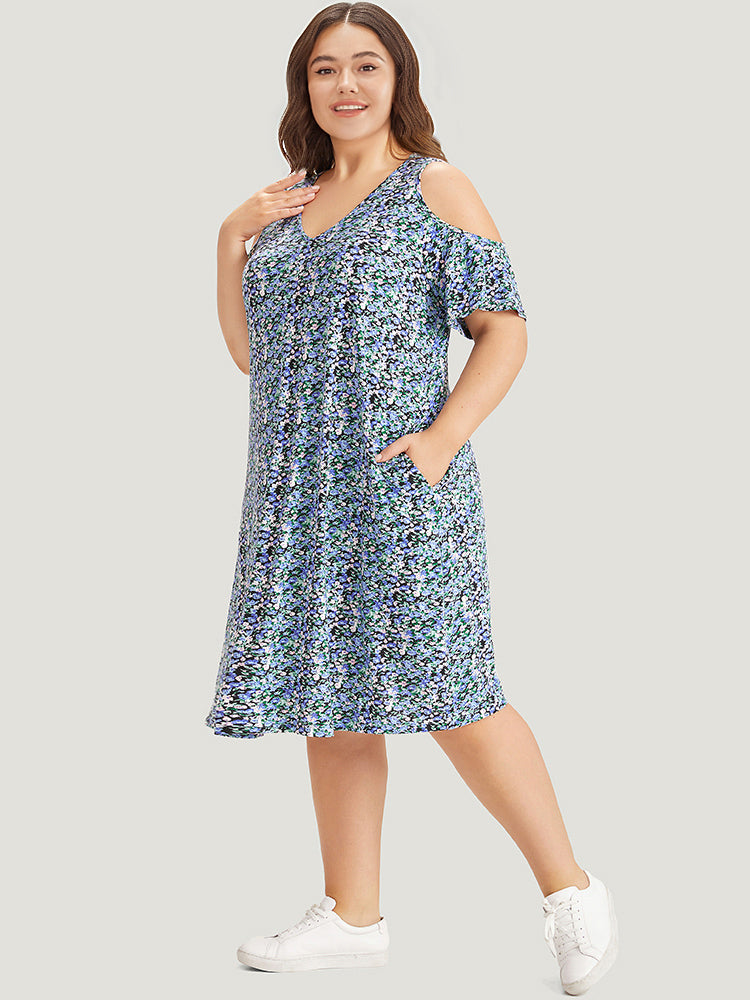 Ditsy Floral Pocket Cold Shoulder Dress