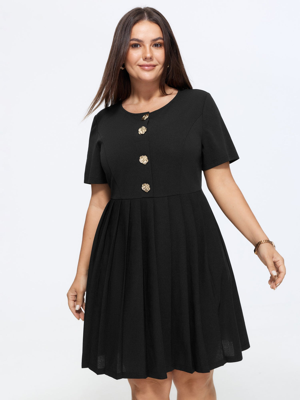 Gold Tone Button Front Slim-Fit Mini Dress