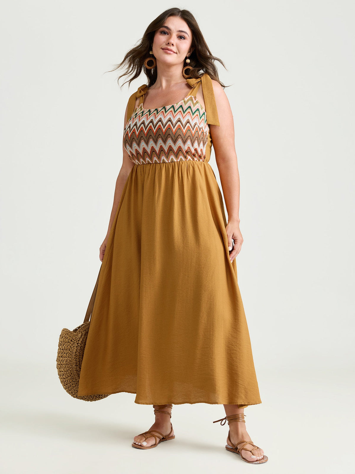 Colorful Wavy Print Shoulder Tie Maxi Dress