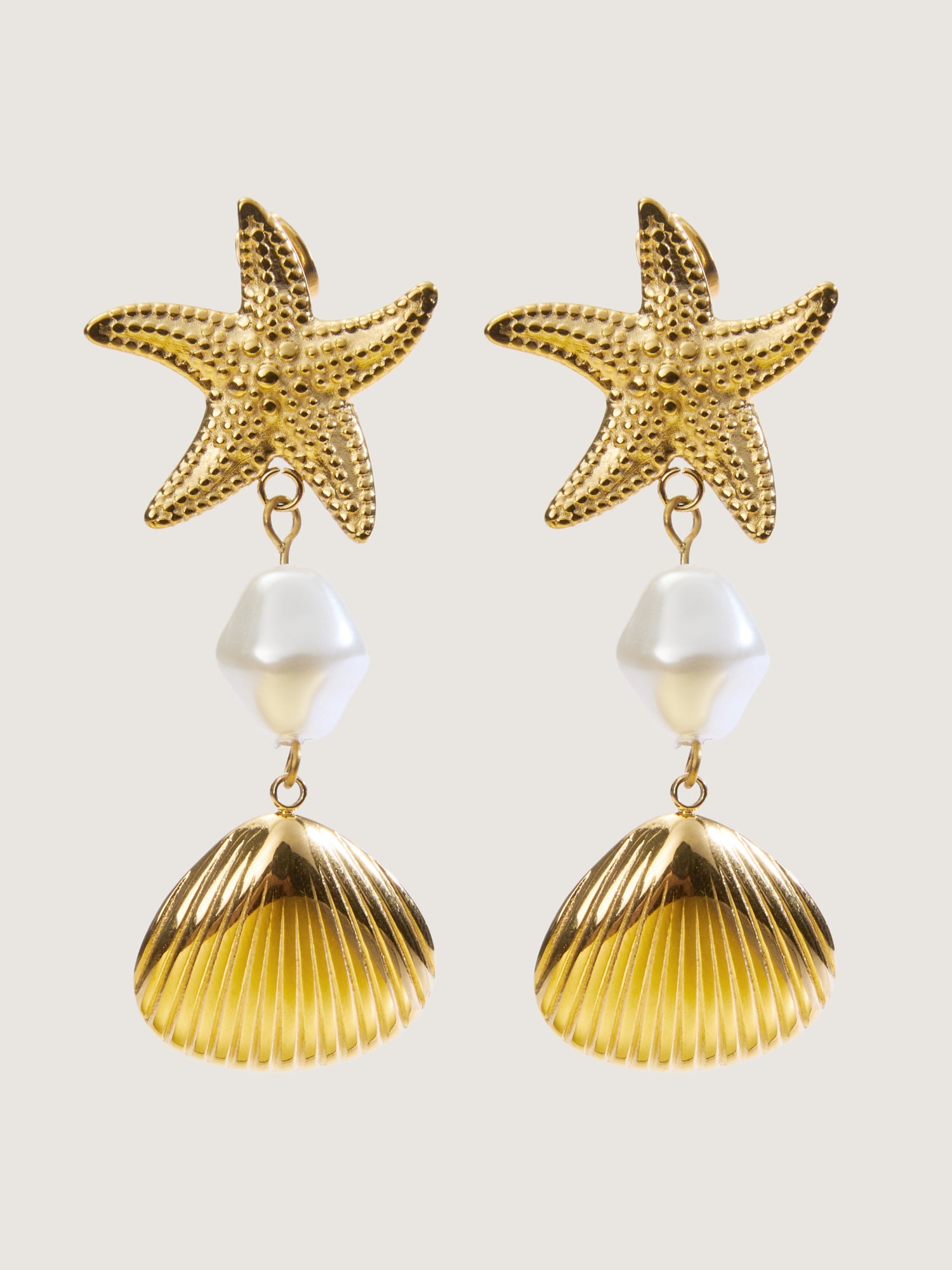 Gold Starfish & Shell Drop Earrings