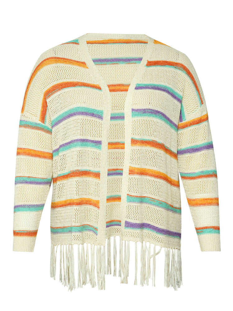 Rainbow Striped Fringe Trim Open Front Cardigan