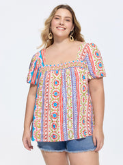 Supersoft Boho Floral Print Square Neck Blouse