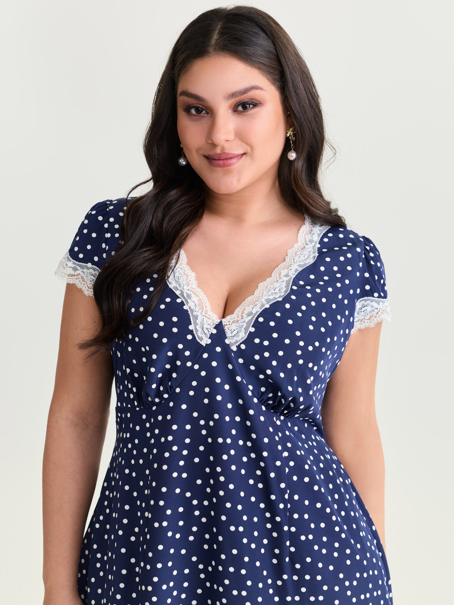 Polka Dots Lace Deep Neckline Midi Dress