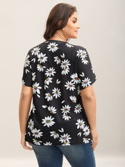 Floral Print Petal Sleeve Plain Knit Top