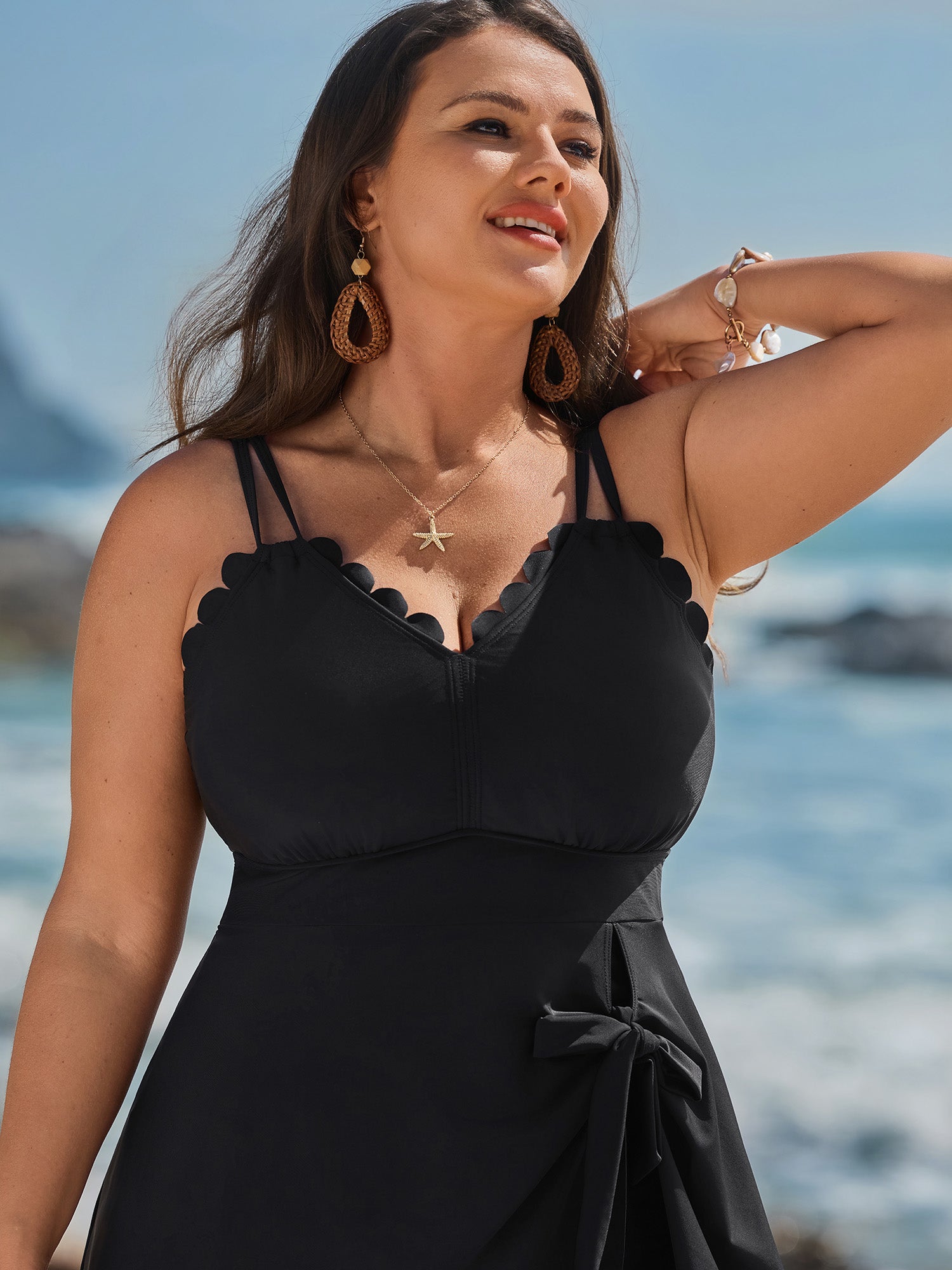 Laser Cut Arc-Shaped Hem Knotted Swim Dress