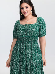 Floral Print Shirred Waist Midi Dress