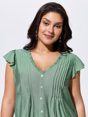 Everyday Pleated Lace Trim Blouse