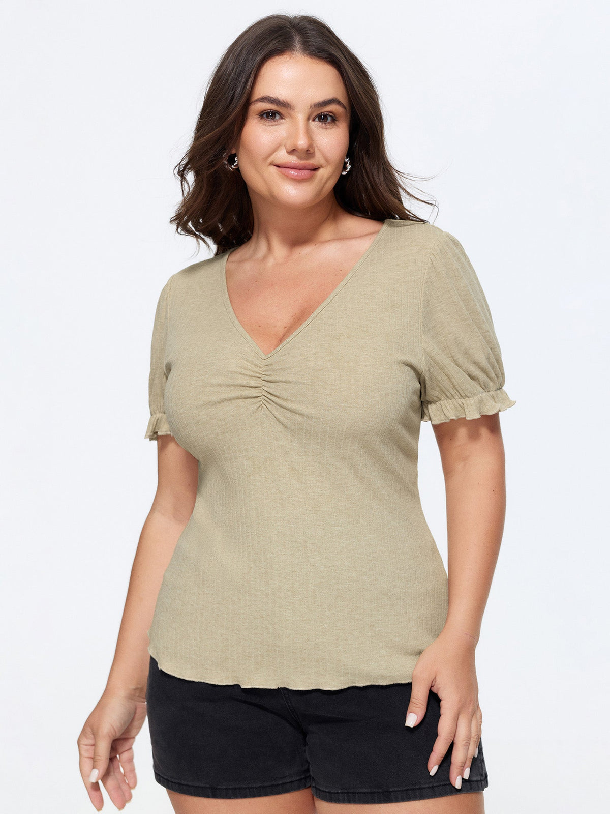 Stretchy Ribbed Ruched Plain T-Shirt