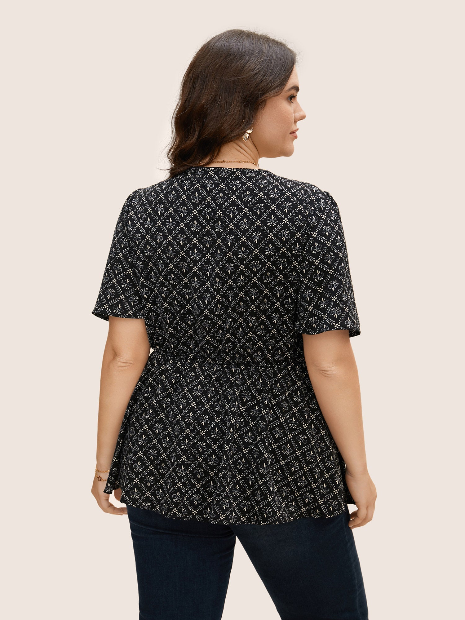 Moroccan Print Tie Knot Ruffle Trim Blouse