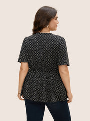 Moroccan Print Tie Knot Ruffle Trim Blouse