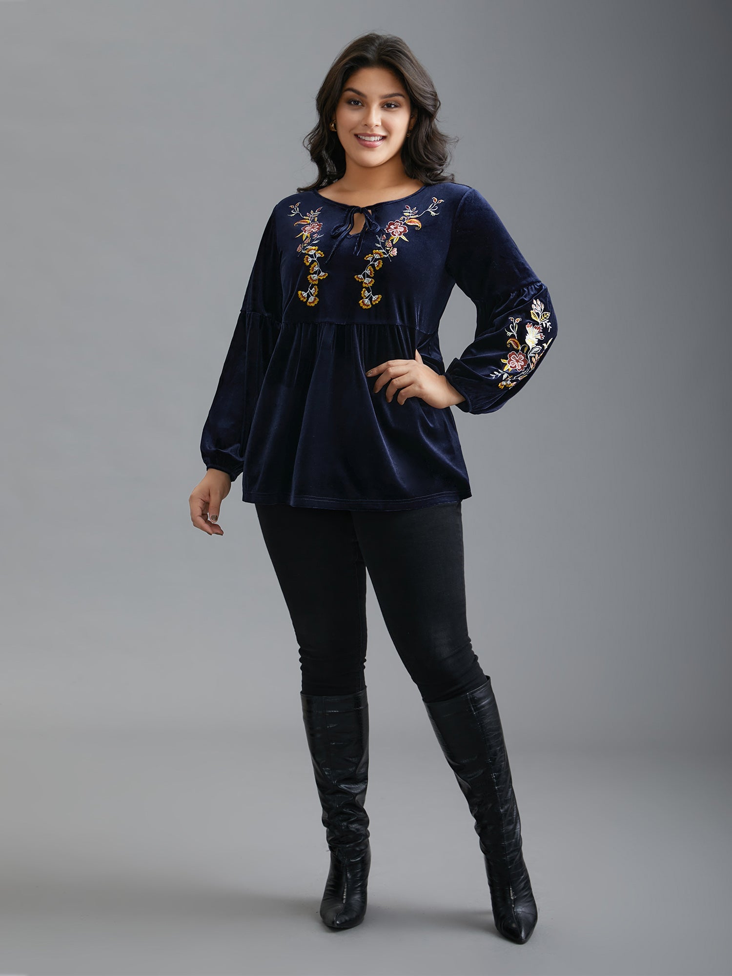 Floral Embroidered Velvet Tie Knot Blouse