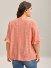Eyelet Trim Ruffled Sleeve Knit Top