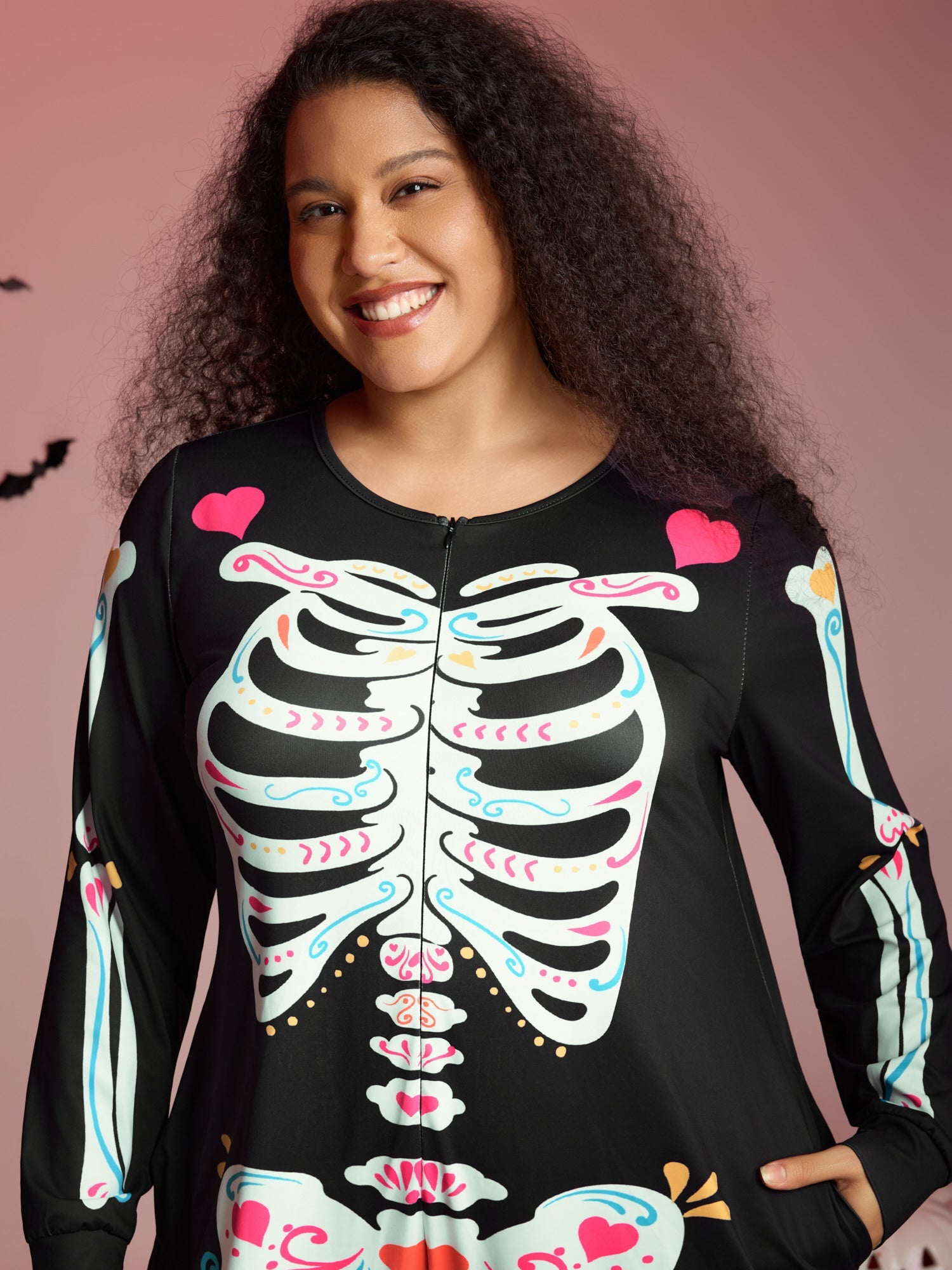 Skeletal Rib Print Hidden Zipper Lounge Jumpsuit