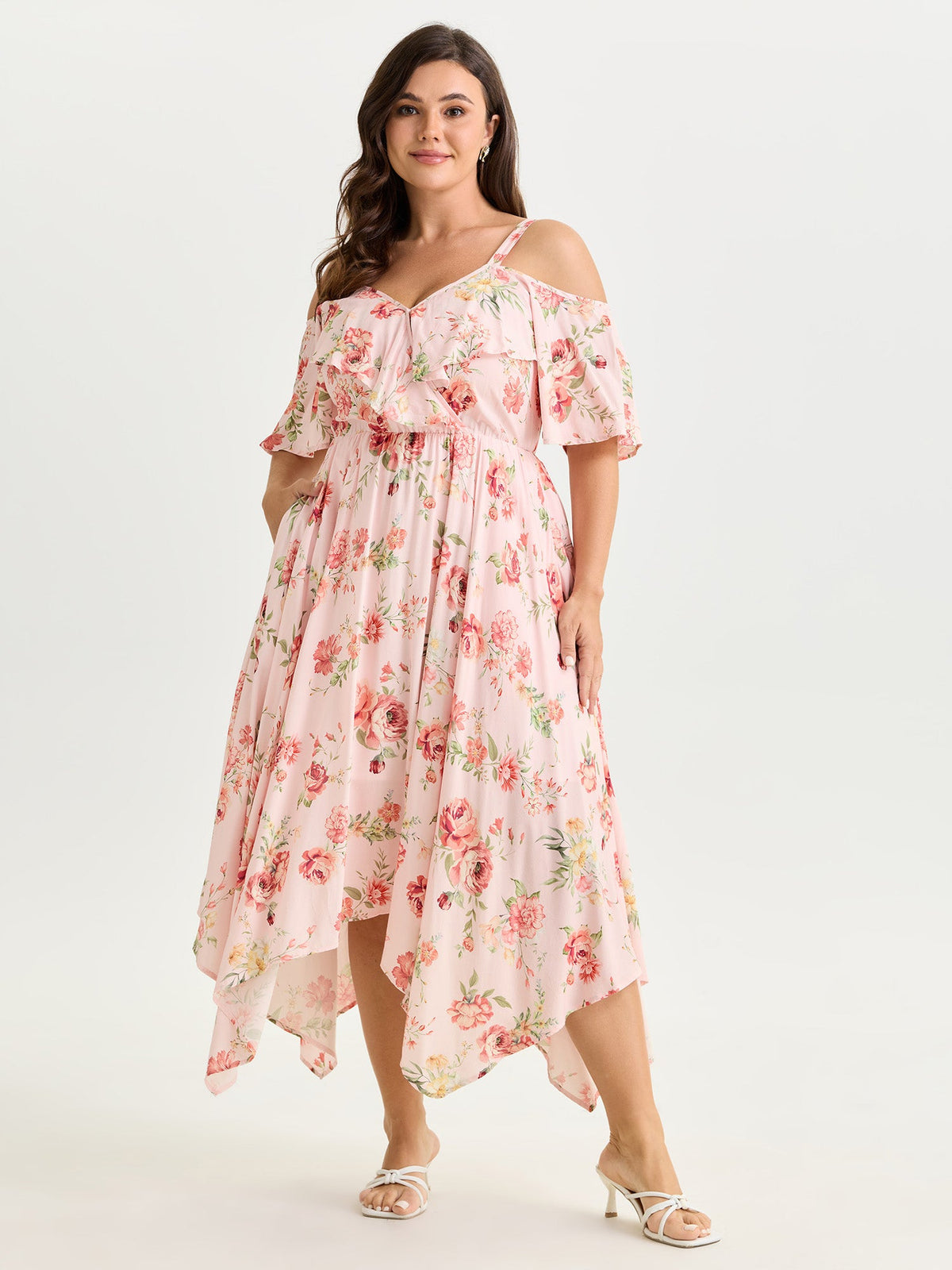 Floral Print Ruffled Cold-Shoulder Midi Dress