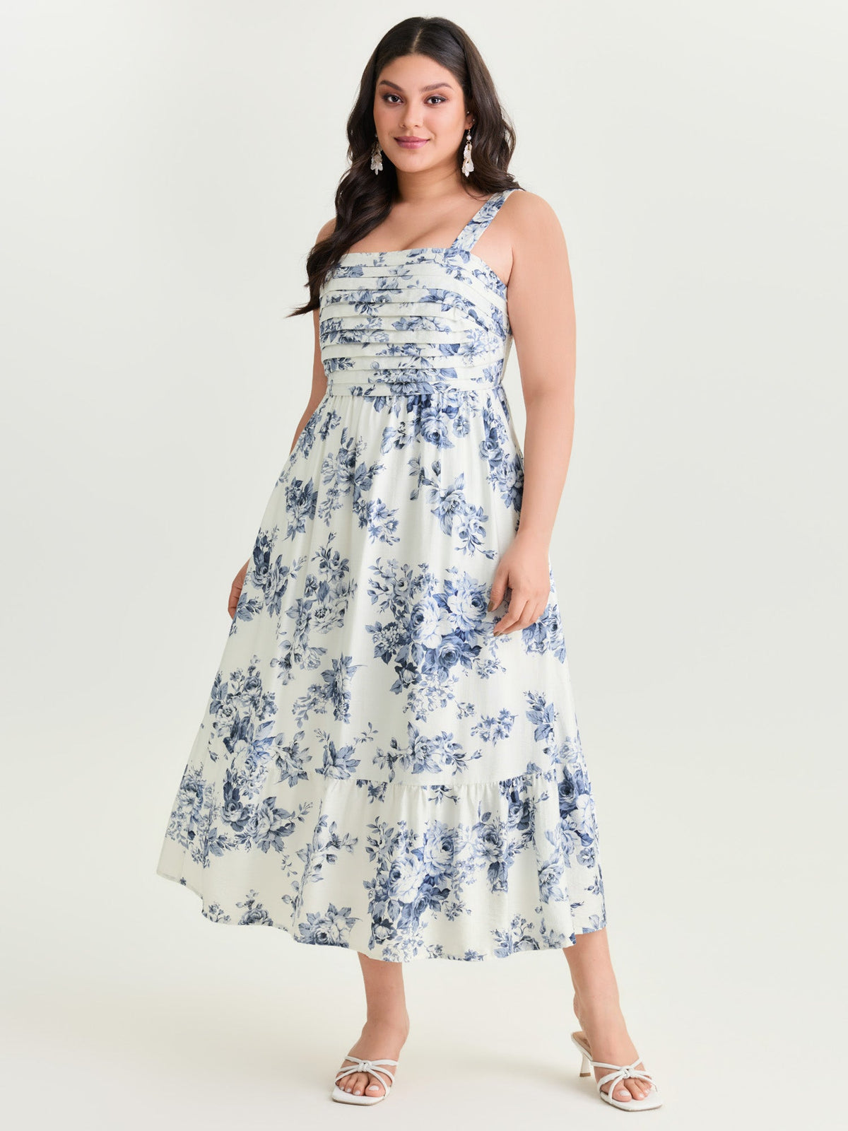 Large Floral Print Pleated Bodice Midi Dress