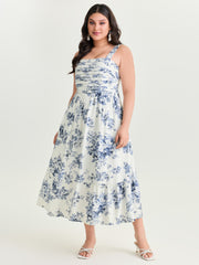 Large Floral Print Pleated Bodice Midi Dress