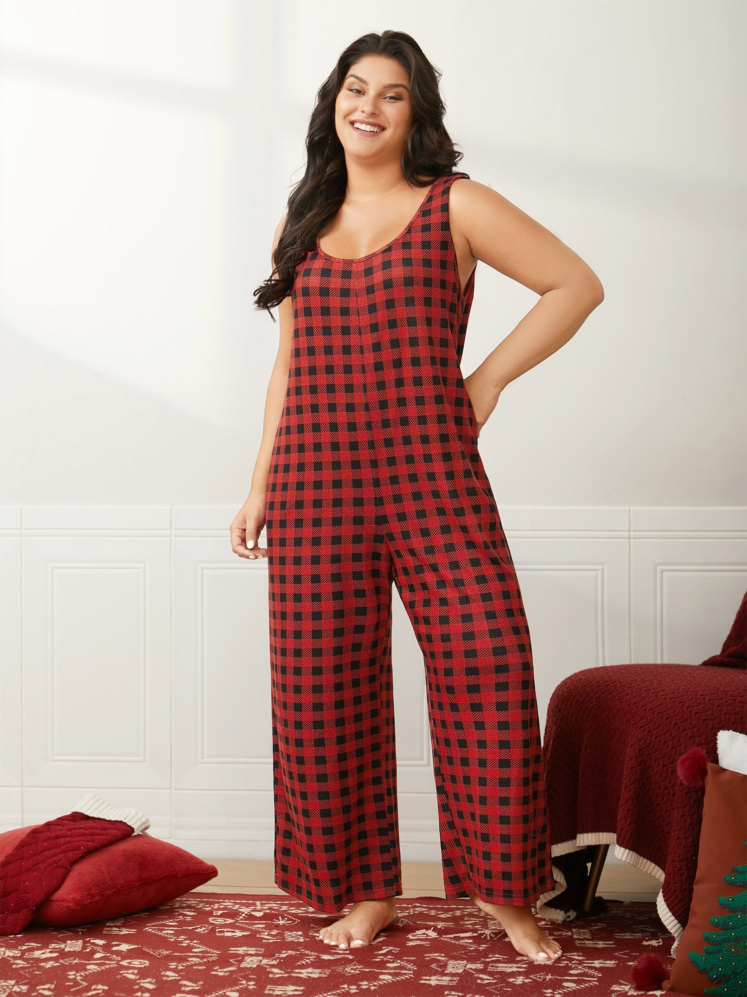 Checkered Pattern U-Neck Lounge Jumpsuit