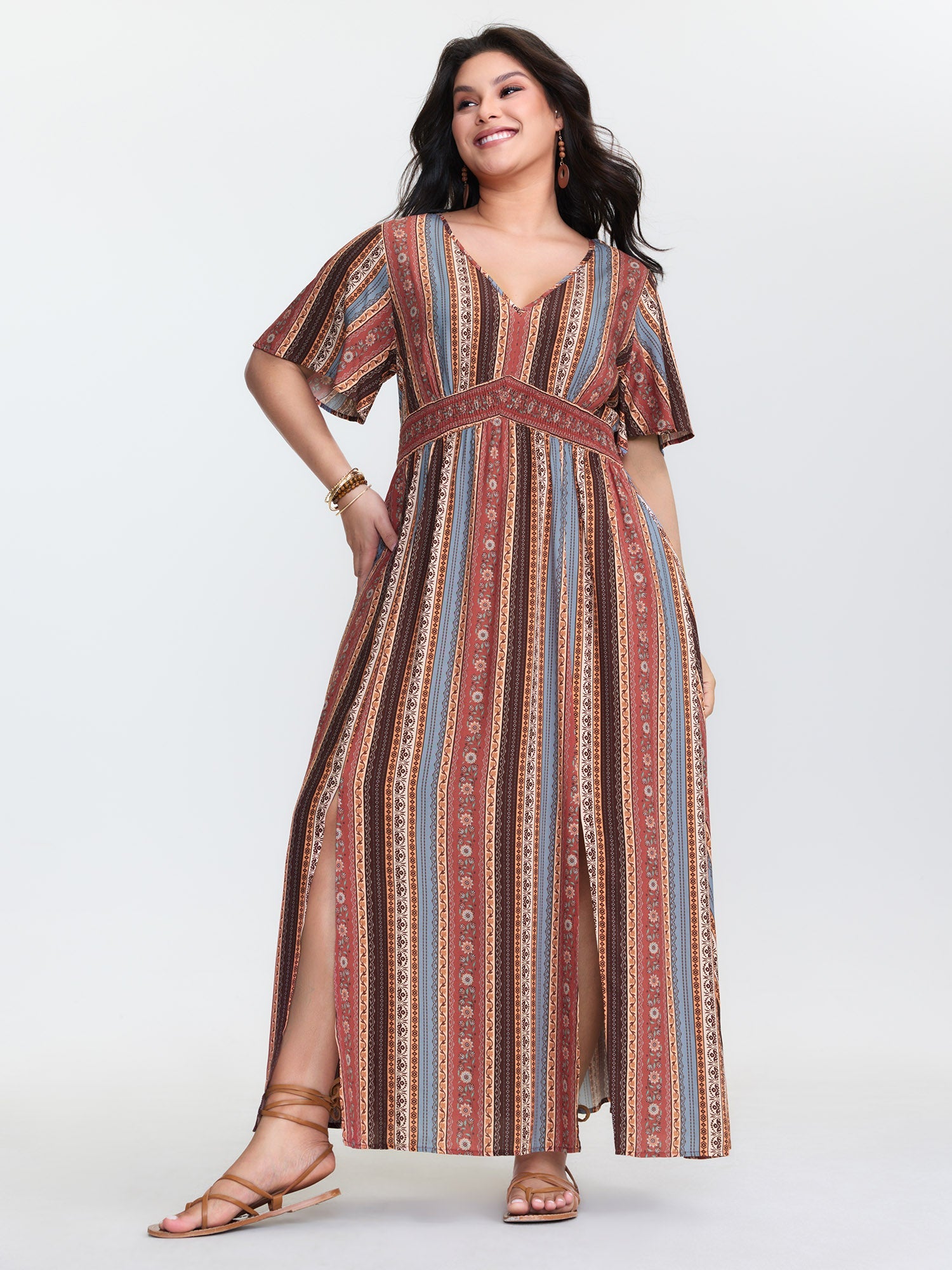 Boho Striped Print Cinched-Waist Maxi Dress