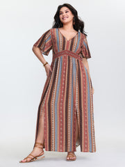 Boho Striped Print Cinched-Waist Maxi Dress
