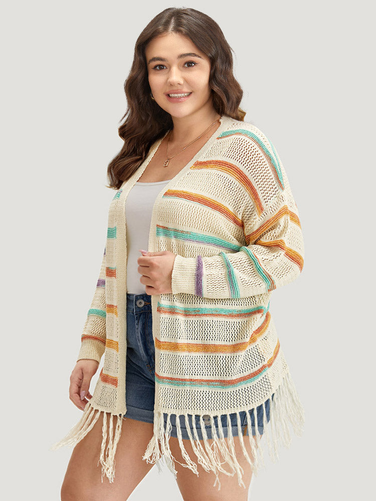 Rainbow Striped Fringe Trim Open Front Cardigan