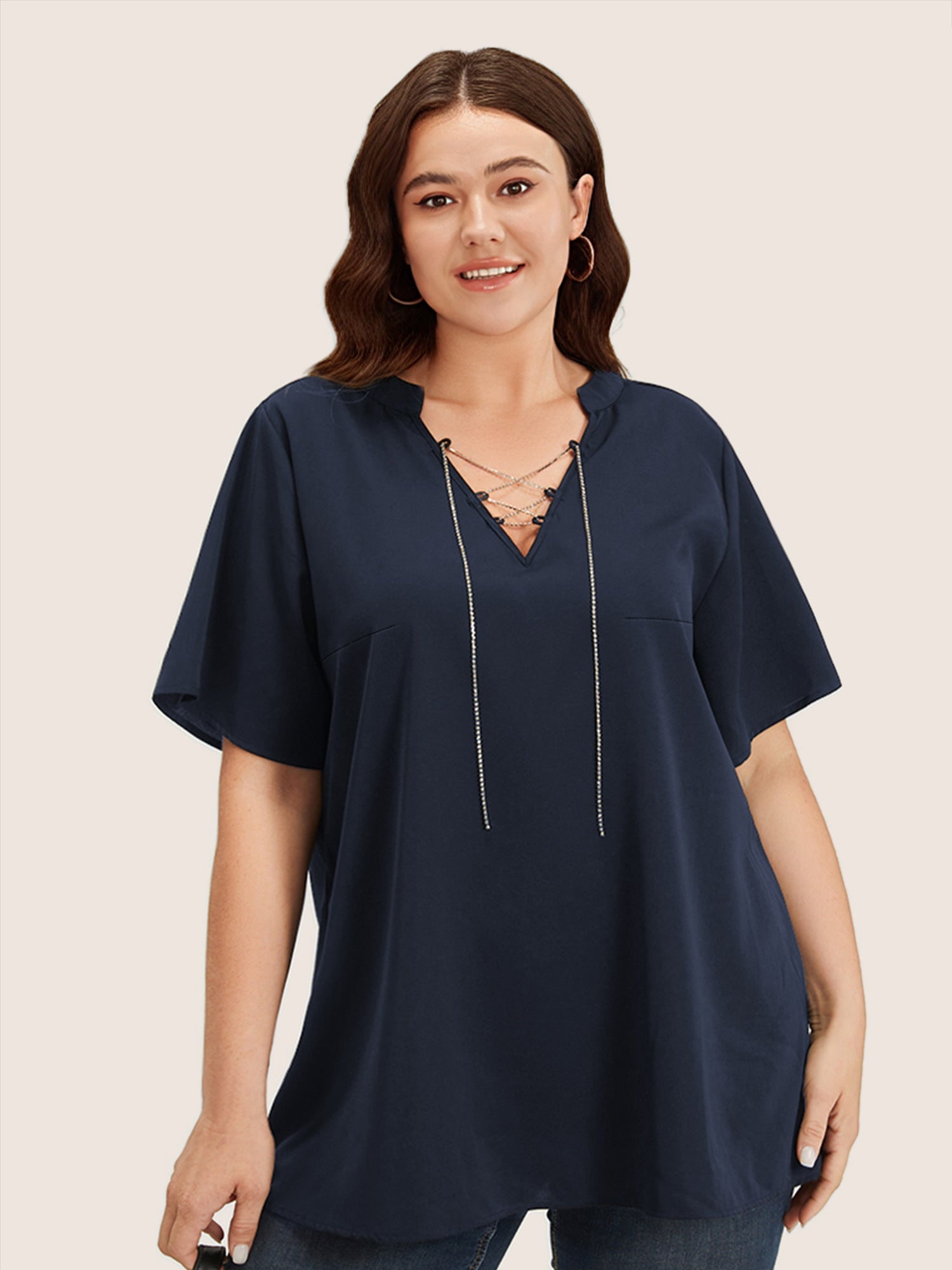 Solid Crisscross Notched Metal Decor Blouse