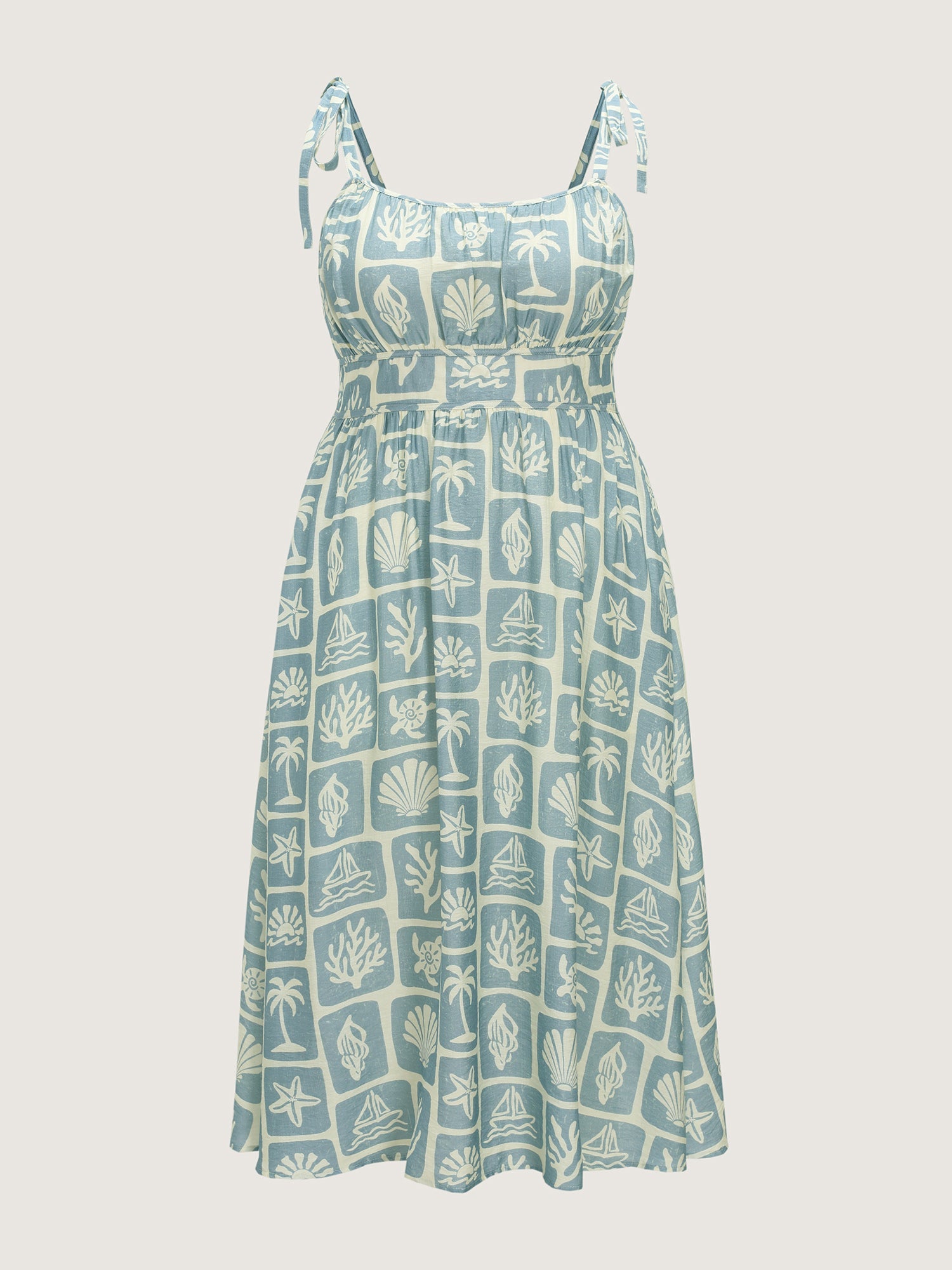 Ocean Print Shoulder-Tie Pleated Midi Dress