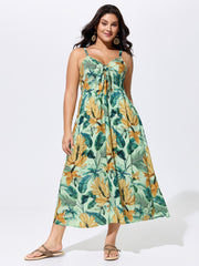 Tropical Print Shirred Knotted Front Maxi Dress
