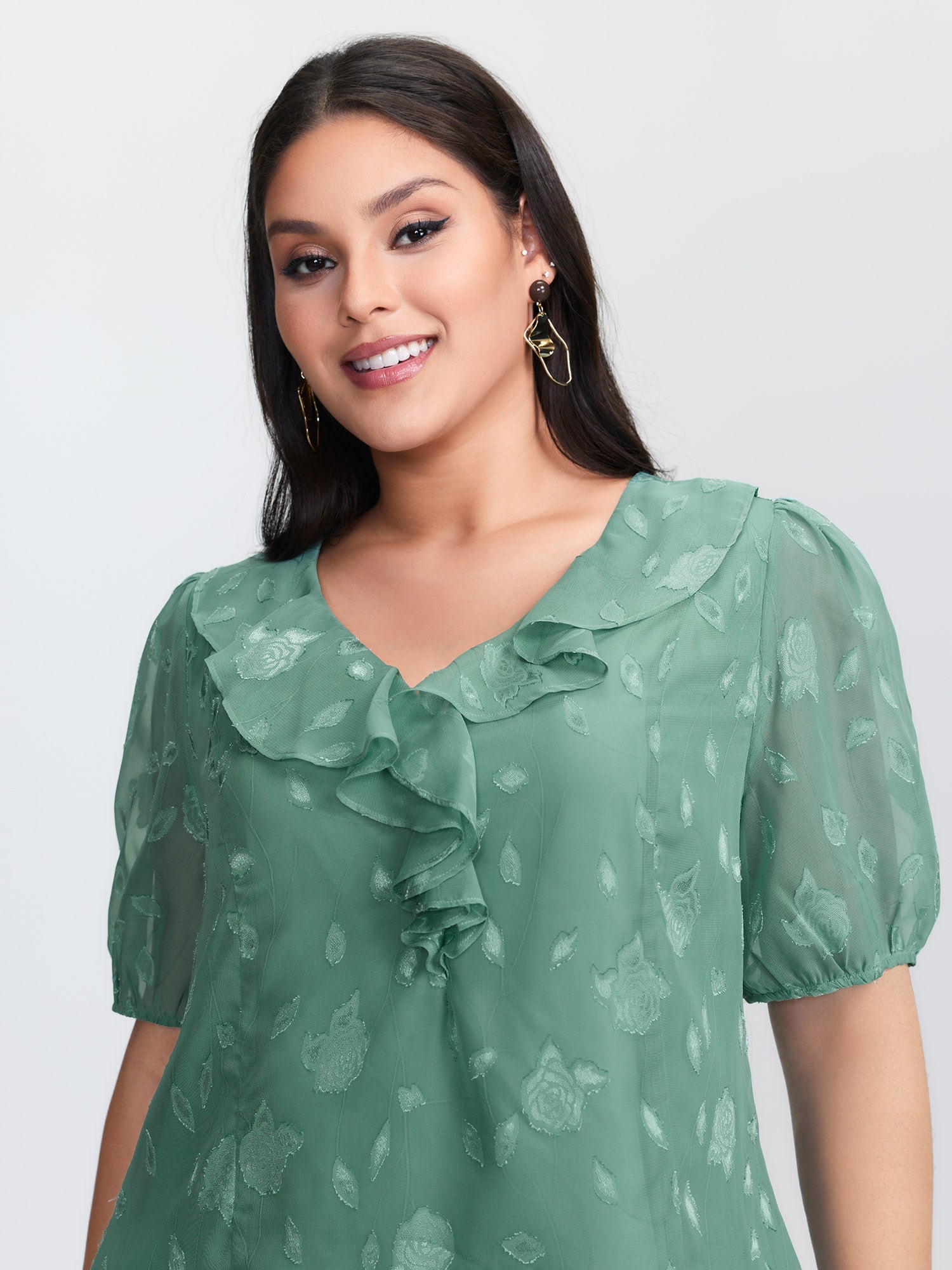 Lotus Leaf Neckline Textured Curvy Hem Blouse