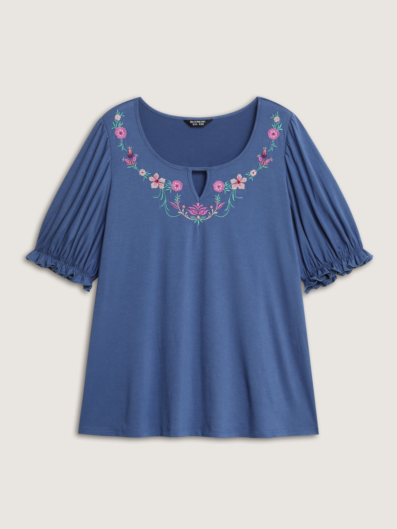 Colorful Floral Embroidered Neckline T-Shirt