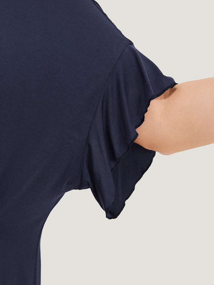 Plain Gathered Batwing Sleeve Ruffle T-shirt