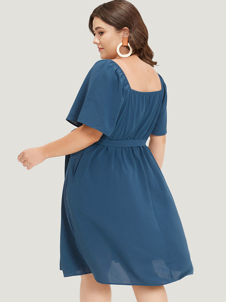 Plain Pocket Belted Pleated Raglan Sleeve Dress