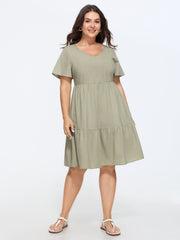 Cotton V-Neck Tiered Plain Mini Dress