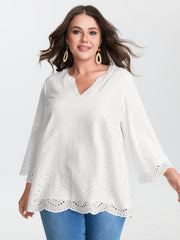 Cotton Floral Eyelet Trim Notched Collar Blouse