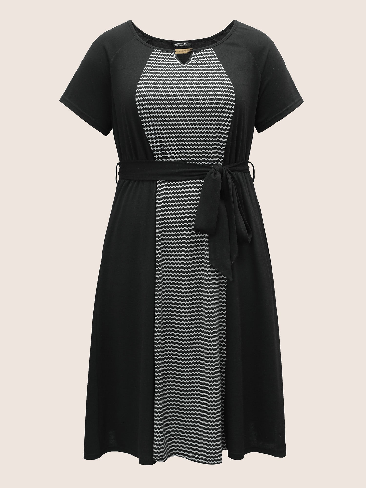 Striped Patchwork Keyhole Belted Raglan Sleeve Dress